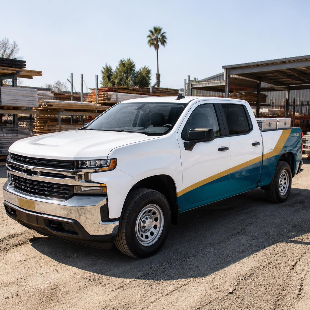 Contractor pickup with teal and golden door and bed graphics