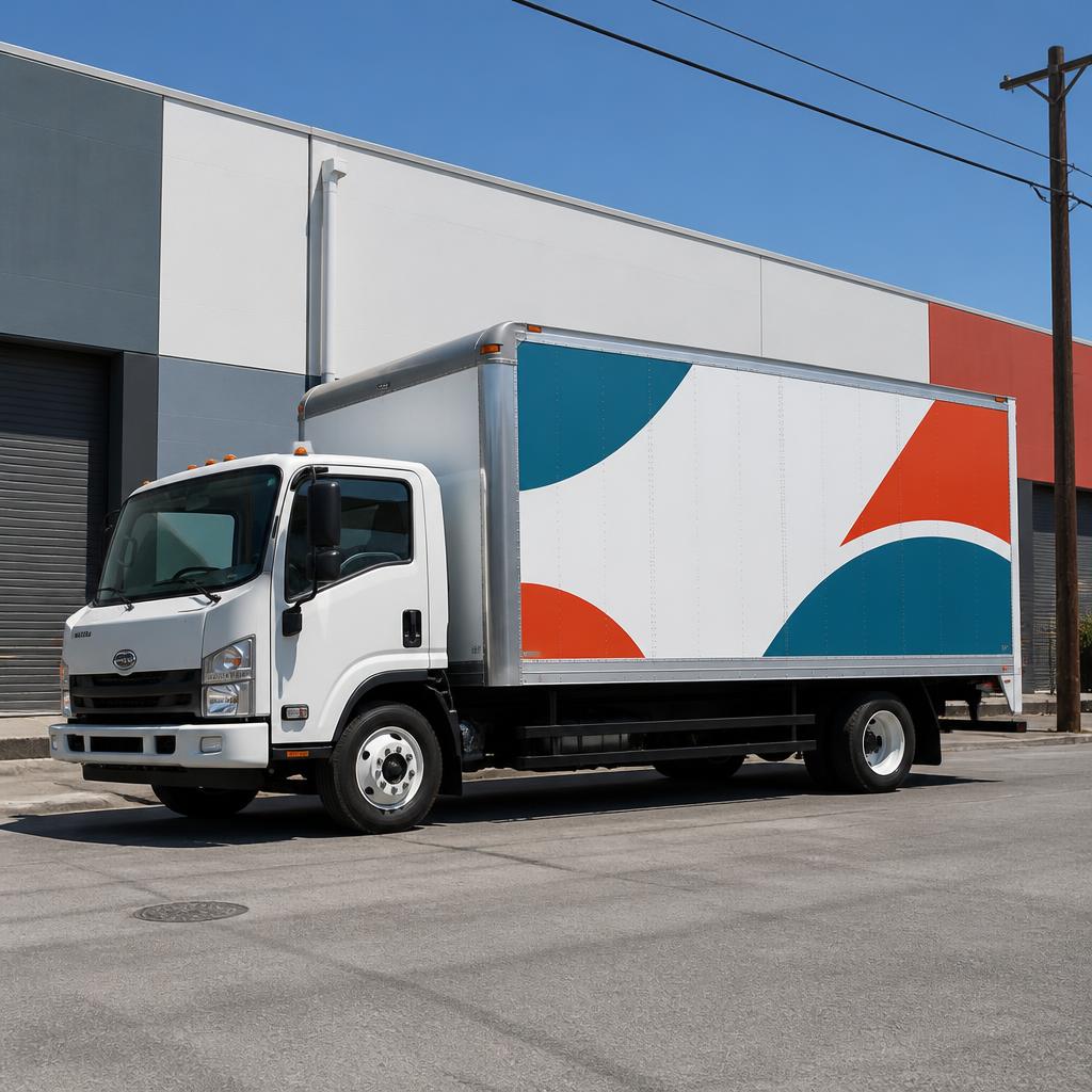 White box truck with large teal and vermilion wrap graphics