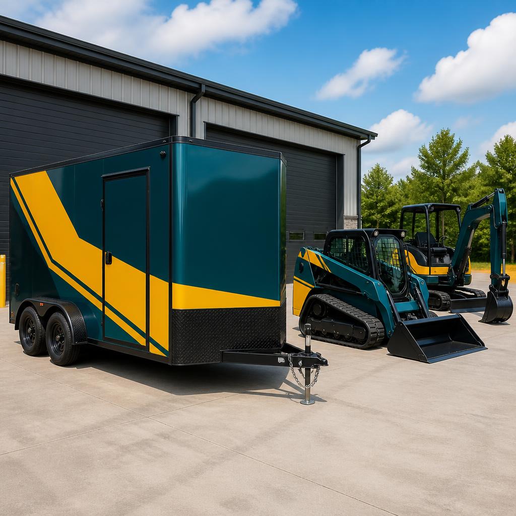 Utility trailer and equipment with coordinated teal and yellow graphics